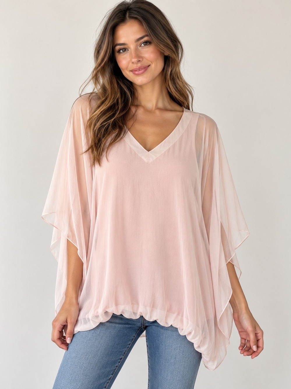 Sheer Blush V-Neck Flow Tunic